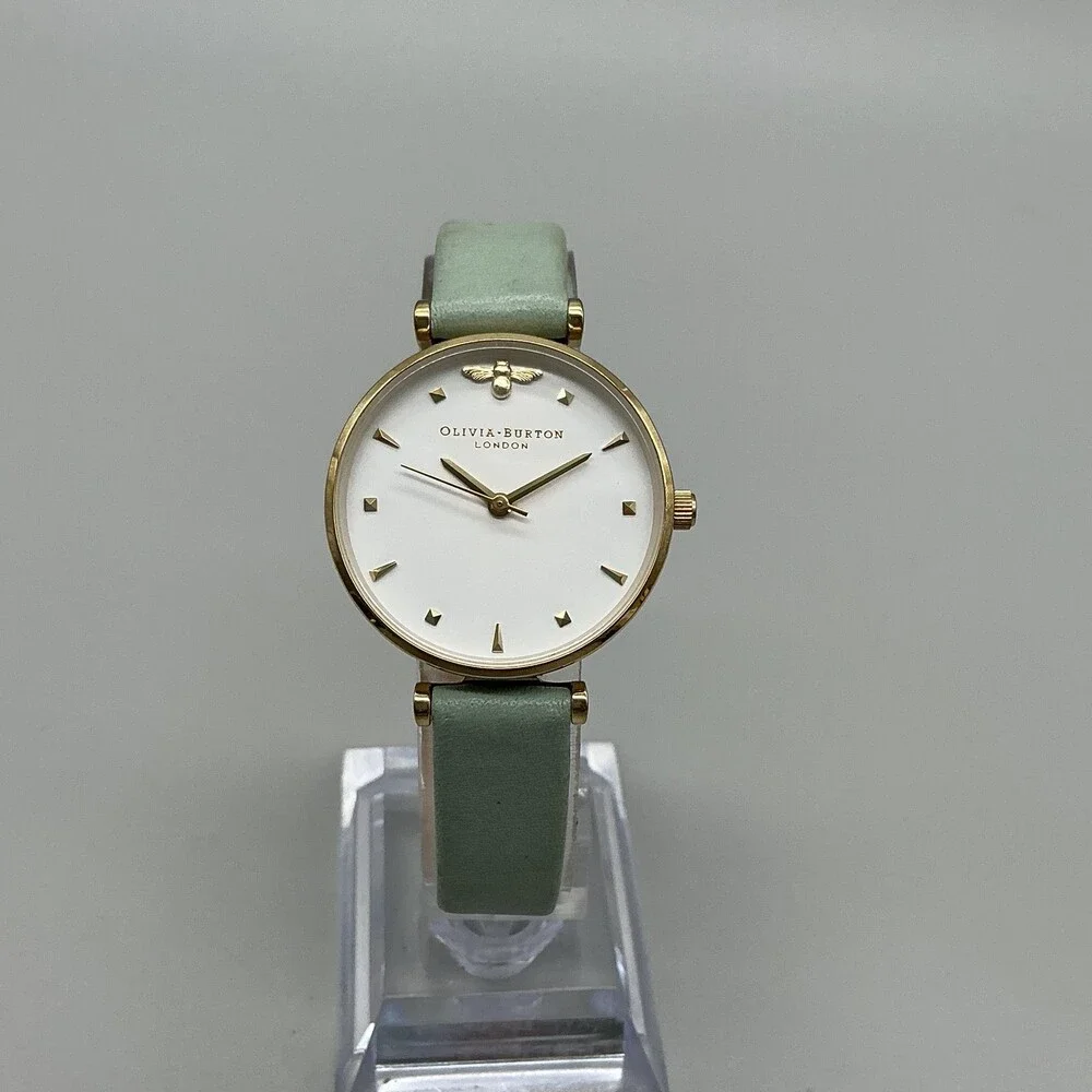 Olivia Burton Womens Watch 29mm Bee Logo Mint Green Leather Gold Tone New Batt